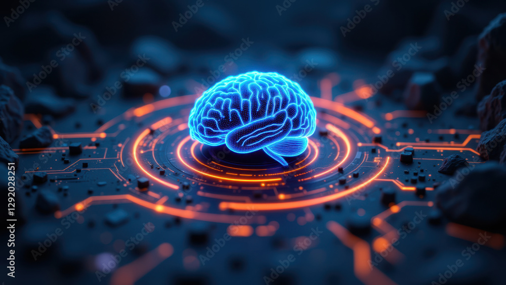 Poster a visual metaphor for artificial general intelligence with a glowing brain at its center on a cosmic
