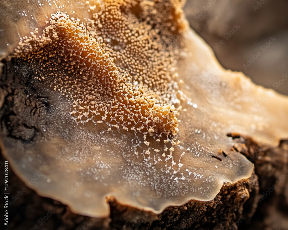Poster Close-up image of a brownish, resin-like substance with intricate, geometric patterns on the surface of a tree, showcasing a combination of organic textures and microscopic details.