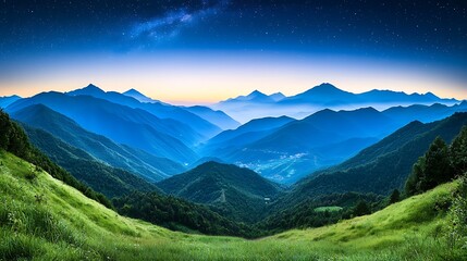 Scenic mountain vista at dusk, stars visible, valley below, possible travel promotion
