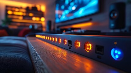 Close-up shot of a sleek modern electronics system with glowing lights and connections. Generative AI