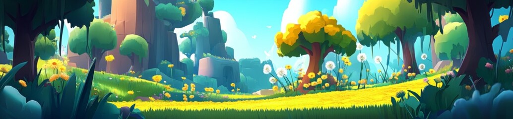 The warm tones of a summer dawn are beautifully captured in this ultra-wide panoramic landscape, with vibrant yellow dandelions swaying gently in the grass