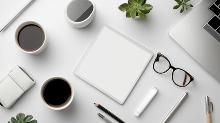 Workspace arrangement with coffee, plants, and stationery essentials for productivity in a tidy office setting. Generative AI