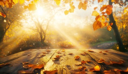The scenery is a beautiful autumn nature setting with a decorative border of orange, gold, and red maple leaves, situated on a sunlit background with a soft blurred bokeh and empty wooden planks