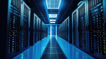 A futuristic data center with glowing server racks, highlighting advanced computing, cybersecurity, and cloud storage. Ideal for IT, networking, and security themes