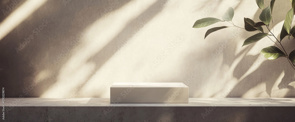 Aufkleber minimalistic rectangular white pedestal with soft sunlight and shadows, with a plant beside it, show