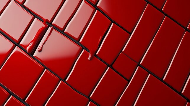 Close-up of glossy red tiles with dripping paint, showcasing vibrant texture and color