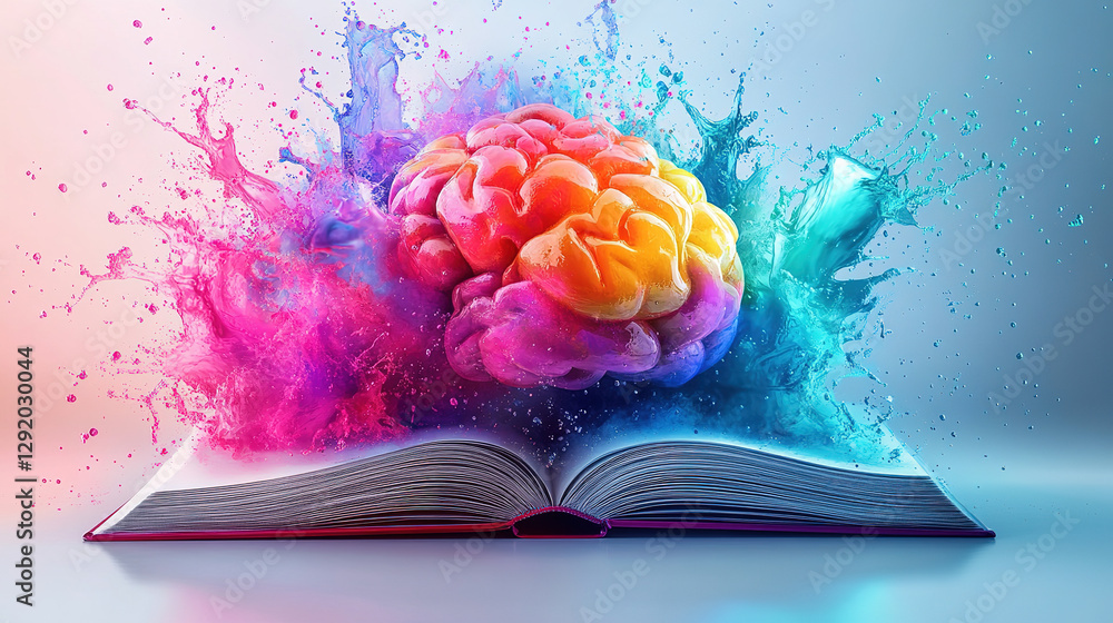 Aufkleber creative explosion of imagination colorful brain emerging from open book in vibrant artistic environ
