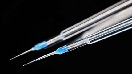 Close-up of precision syringes with fine tips on a dark background, showcasing medical equipment