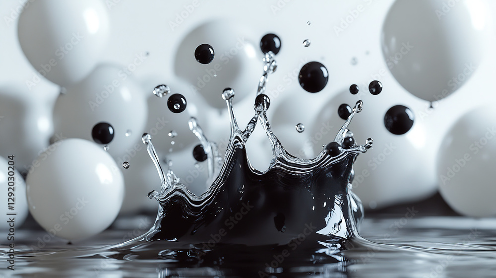 Poster dynamic splash of black and white balls creating ripples studio setting high-speed photography abstr