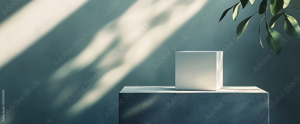 Poster minimalistic white square pedestal placed on a concrete base with soft natural sunlight casting shad