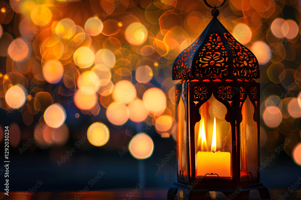 Poster enchanting lantern with candle against twinkling bokeh lights