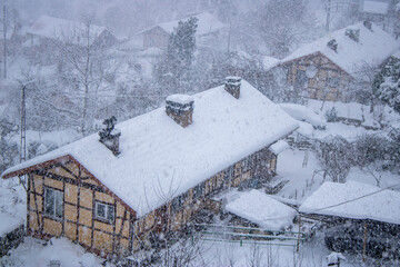 Snow-Covered Rustic Houses in Wintertime Countryside During Heavy Snowfall