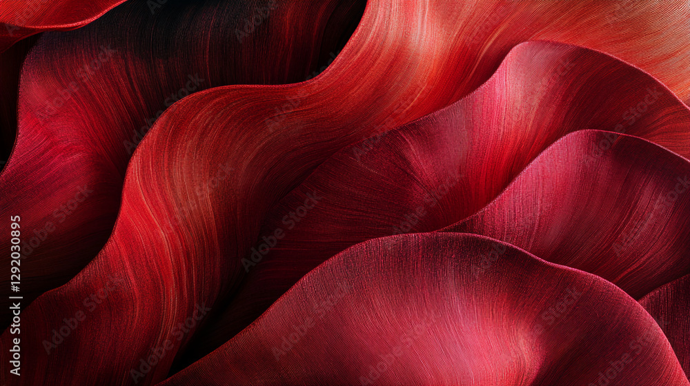 Poster close-up view of red, flowing fabric with smooth curves and rich textures, showcasing deep red hues 