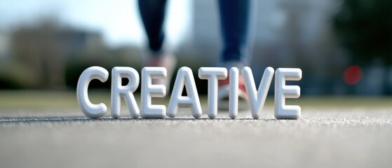 Creative text with person walking by.