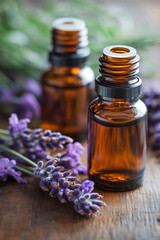 Aromatic essential amber oil bottles wellness product close up detail with fresh lavender flowers on rustic wooden table background.