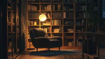 Cozy armchair in a dimly lit home library