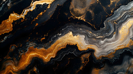 Obraz premium Abstract swirling patterns of gold and silver on a dark background create a striking visual effect in contemporary art