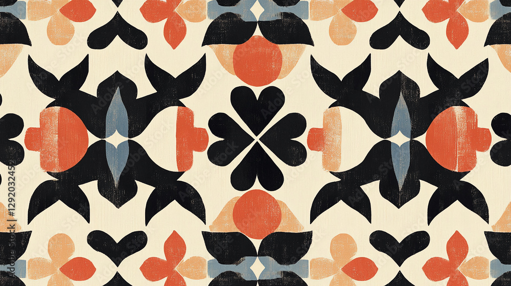 Poster abstract geometric pattern with bold black, orange, and blue shapes on a light cream background, rep