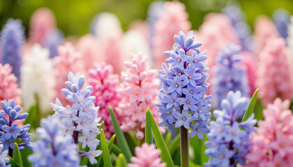 Obraz premium Pastel hyacinths blooming in spring flower bed, seasonal beauty
