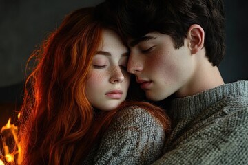 A young couple embraces intimately, their eyes closed, showcasing love and affection by a warm fireplace.