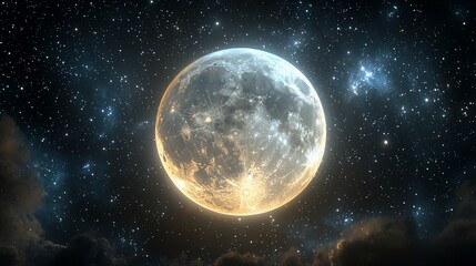 Obraz premium Full moon in starry night sky with clouds.