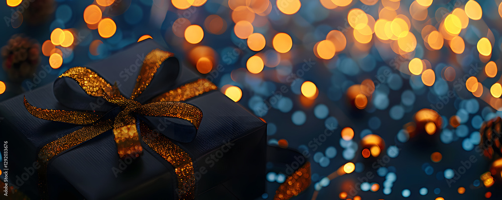 Poster festive gift box with sparkling bokeh background