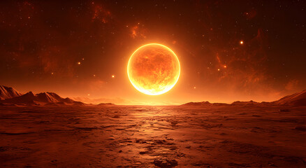 Bright orange sun rises over rugged alien landscape with distant stars scattered across the dark sky