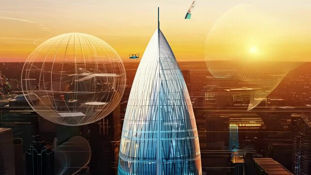 A futuristic skyscraper surrounded by digital spheres and flying drones, set against a vibrant sunset skyline.
