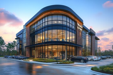 Obraz premium Modern brick building with large windows at sunset. Perfect for real estate, architecture, and business websites.
