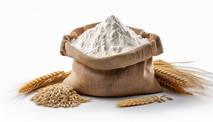 wheat flour in burlap sack bag isolated on white background