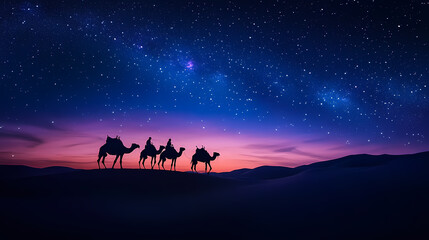 Fototapeta premium Silhouette of a camel caravan crossing desert dunes under a breathtaking starry sky at dusk, capturing adventure and tranquility. Desert Caravan Under Stars. Illustration