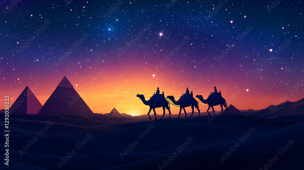 Poster silhouette of camel caravan traversing a desert landscape at sunset with pyramids in the background 
