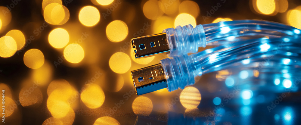 Poster Close-up of USB cables illuminated by blue and yellow bokeh lights with a reflective surface, symbolizing digital connection, data transfer, and technology in modern networks.
