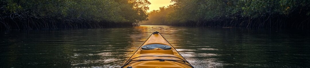 Fototapeta premium A peaceful kayaking experience through a mangrove forest with the golden light of sunset illuminating the path. Generative AI