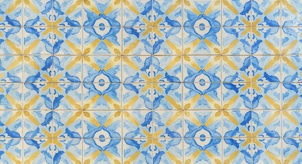Portuguese Azulejos Pattern Blue Yellow Decorative Tiles Background