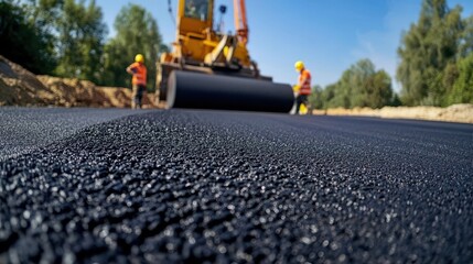 Road construction with asphalt paving machine and construction workers working in the background.