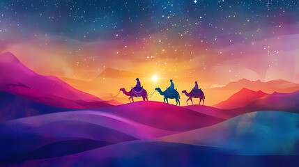 Fototapeta premium Three figures on camels journey through a colorful desert under a bright star at twilight. Desert Caravan Under Stars. Illustration