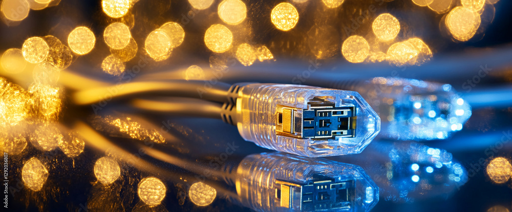 Poster close-up of usb cables with a bokeh effect of blue and orange lights, symbolizing data transfer, con