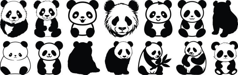 Panda silhouettes set, animal pack of vector silhouette design, isolated background