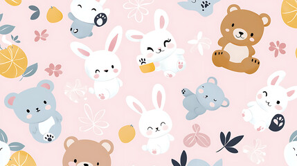 A colorful pattern of animals including rabbits, bears, and a bear cub. generated using AI