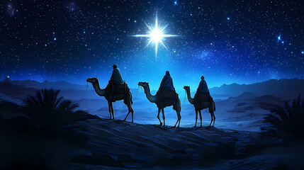 Three wise men on camels journeying under a bright star in a desert landscape, symbolizing hope and guidance. Desert Caravan Under Stars. Illustration