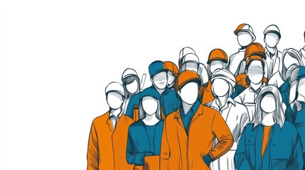 Abstract illustration of diverse workers wearing safety helmets and uniforms, symbolizing teamwork, labor force unity, and professional diversity.