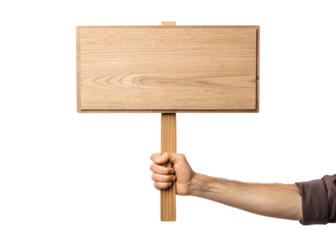 Human hand holding blank demonstration wooden sign, empty wooden sign in hand, Cut Out
