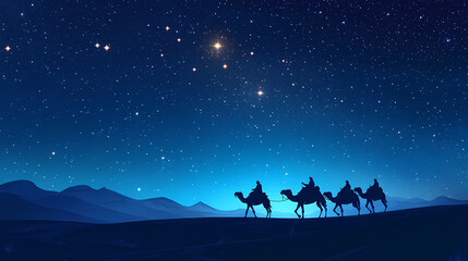 Fototapeta premium Travelers on camels under a starry sky embarking on a historic journey at night. Desert Caravan Under Stars. Illustration