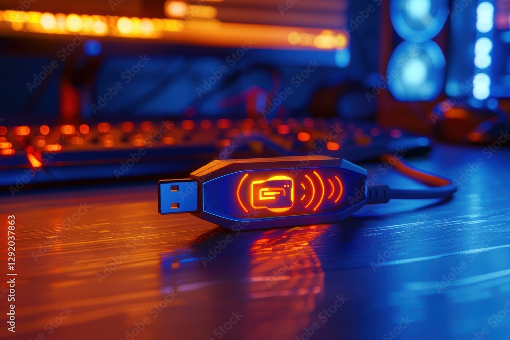 Poster secure digital storage - encrypted usb drive with glowing firewall and lock symbols for technology d
