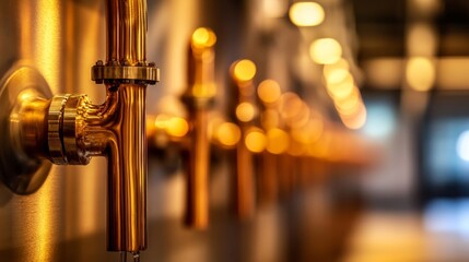 A row of gleaming golden beer taps in a modern brewery with blurred light in the background