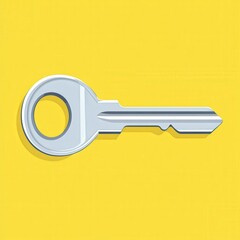 Shiny silver key resting on vibrant yellow background adds a touch of modern simplicity