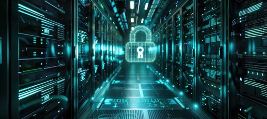 Holographic Padlock in Server Room Highlighting Cybersecurity and Data Protection