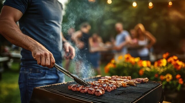 A man grilling meat on an outdoor barbecue with friends socializing in the blurred background.