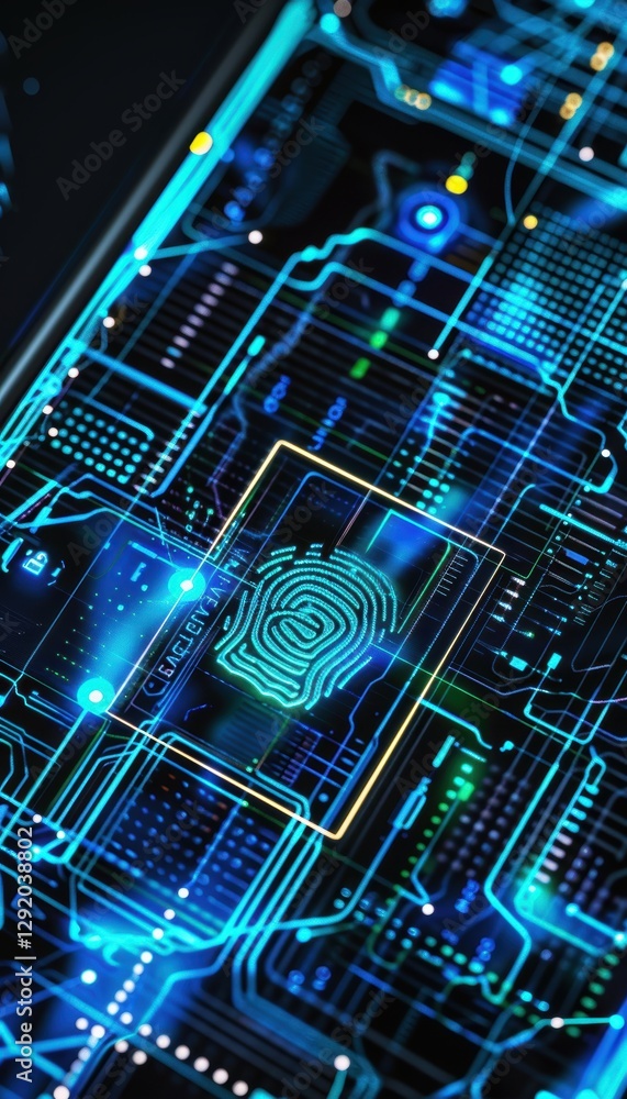 Poster biometric security: smartphone with fingerprint lock and cyber grid background for tech design
